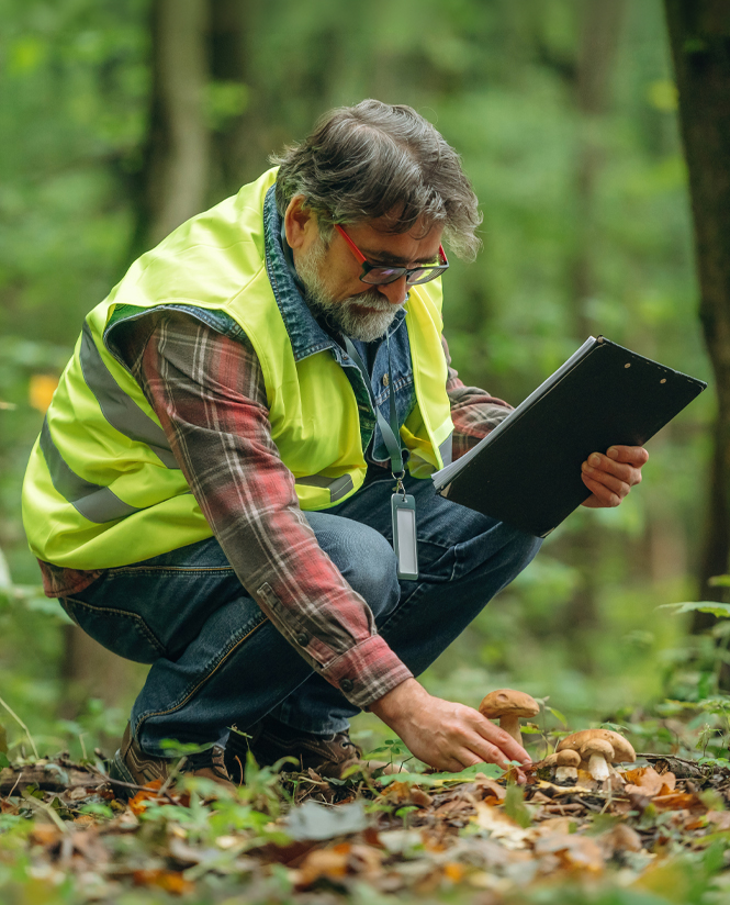 In a vibrant forest, an adult man with grey hair and glasses kneels among fallen leaves, studying a cluster of mushrooms. Dressed in a red plaid shirt, denim jacket, and bright yellow safety vest, he holds a clipboard, seemingly taking notes on his observations. The sunlight filters through the dense trees, illuminating the forest floor.